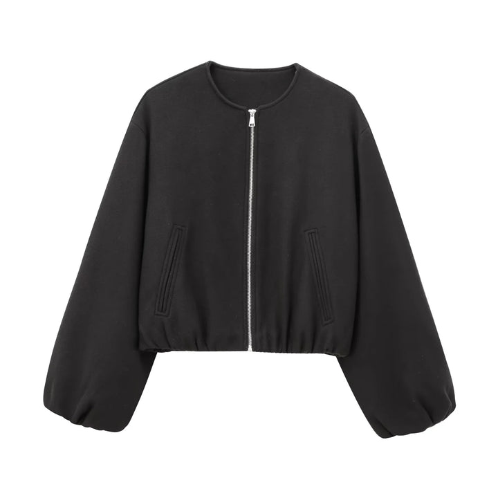 Women nan cast-cut wool bomber jacket with round neckline, continuous zipper, piped side pockets and elastic hem Mune Fashion