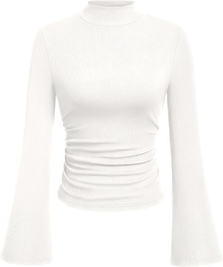 Women's Ribbed Long Sleeve Top with Stand-Up Collar, Trumpet Sleeves, and Fitted Cut Mune Fashion