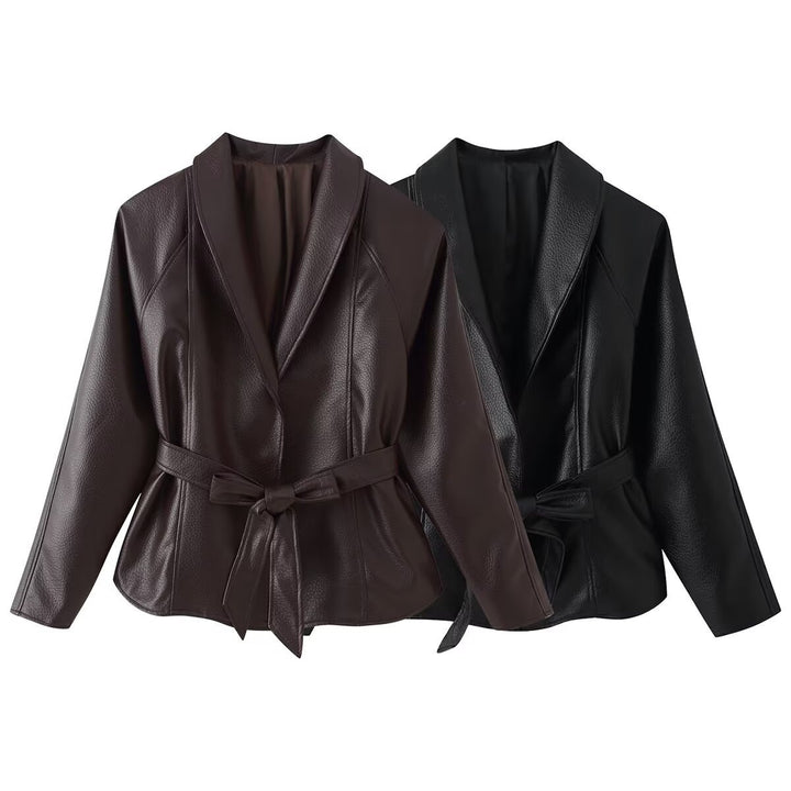 Women's Tailored Tie-Belt Leather Blazer with Shawl Collar Mune Fashion