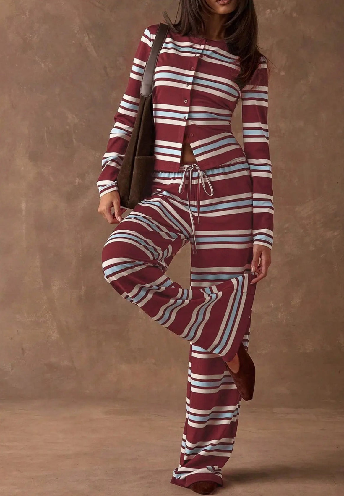 Ladies Striped Knit Lounge Set with Tailored Button Cardigan and Wide Palazzo Pants Mune Fashion
