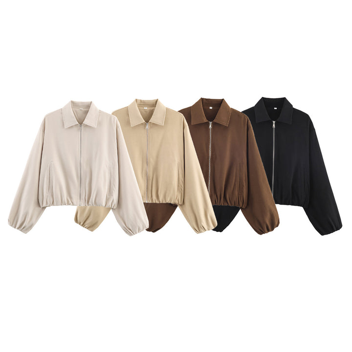 Women's cropped blouson jacket with balloon sleeves, elastic hem, and shirt collar Mune Fashion