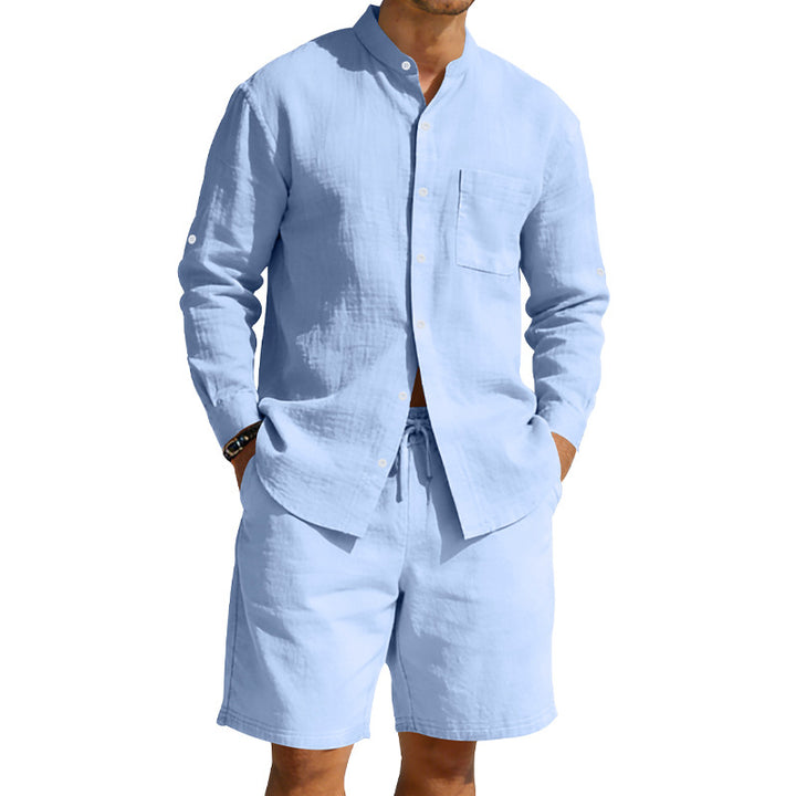 Men's casual linen set with stand collar shirt and drawstring shorts Mune Fashion