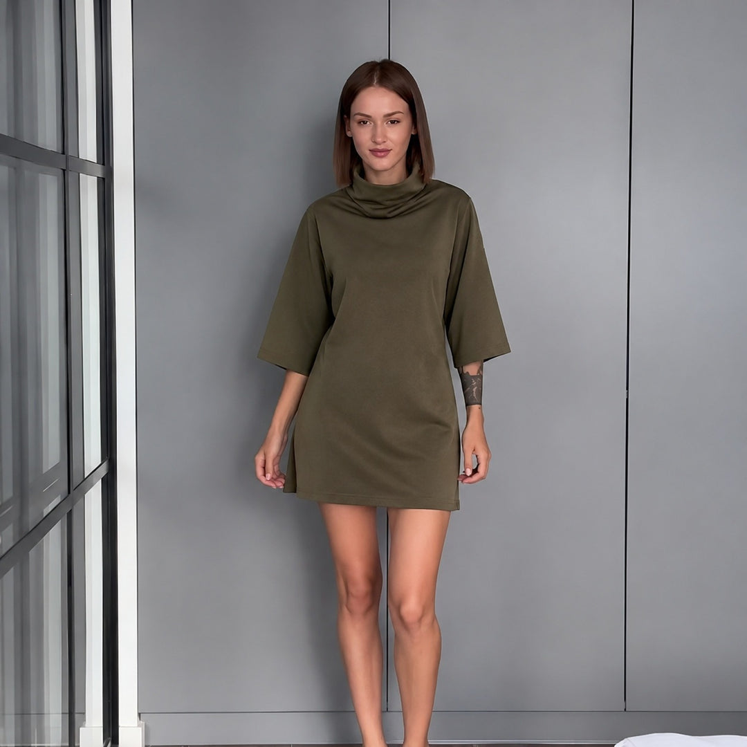 Women's casual fine knit mini dress with roll neck and three quarter sleeves Mune Fashion