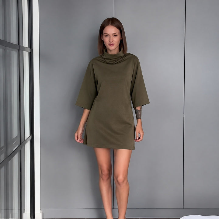 Women's casual fine knit mini dress with roll neck and three quarter sleeves Mune Fashion