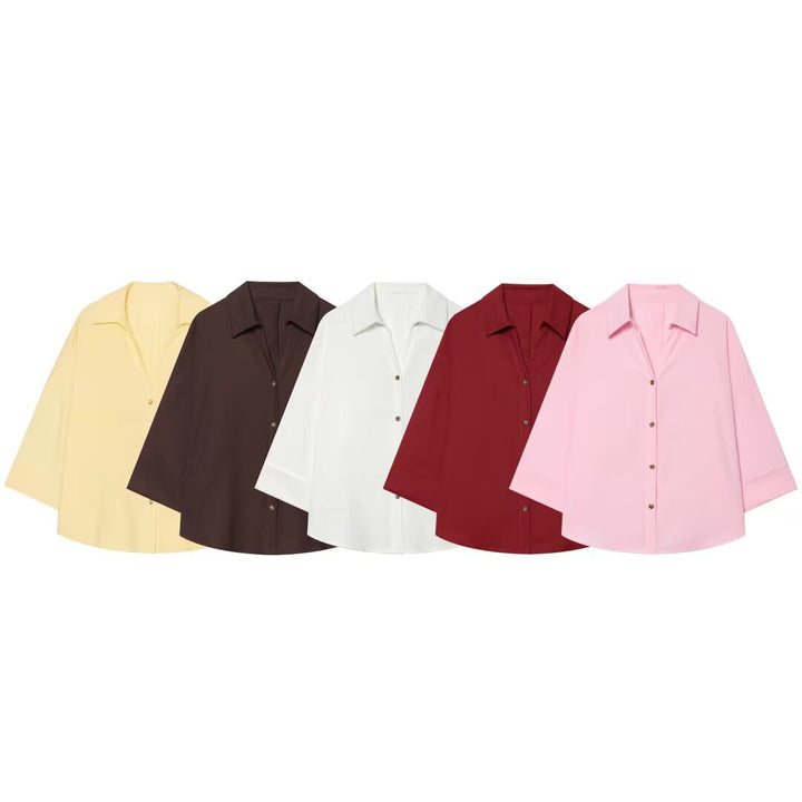 Women's Oversized Shirt Blouse with Boxy Cut, Three-Quarter Sleeves and Horn Button Placket Mune Fashion
