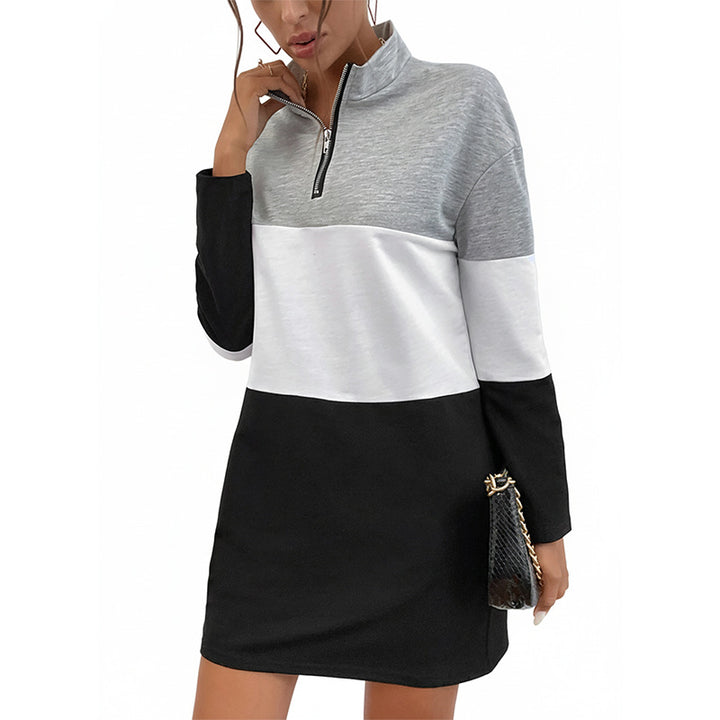 Women's Colorblock Short Dress with Stand Collar and Half Zipper Mune Fashion