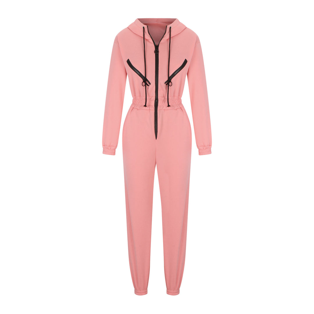 Women's tailored hooded jumpsuit with elastic waistband and striking contrast zippers Mune Fashion