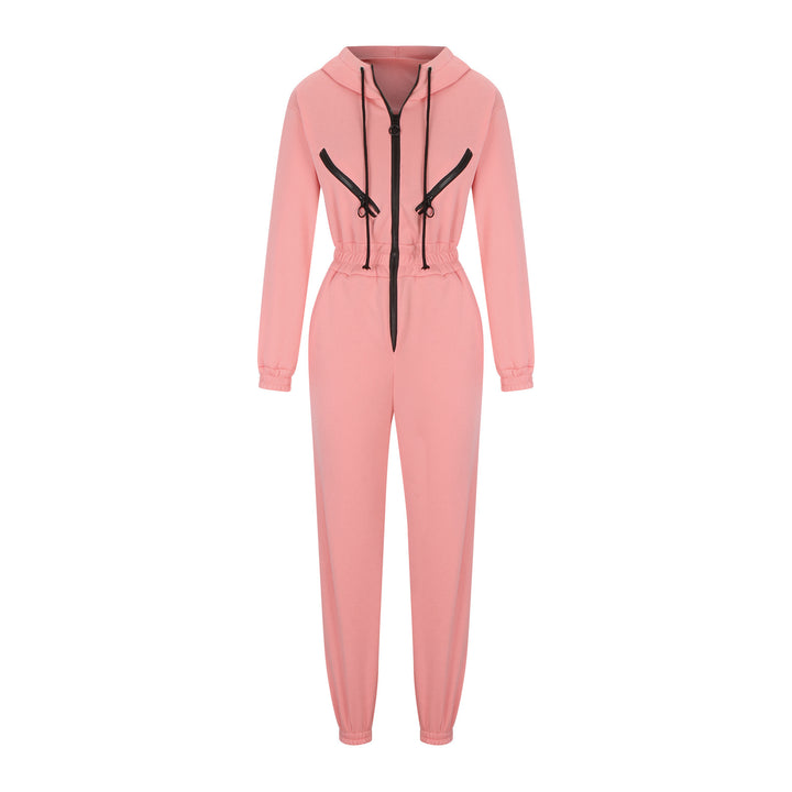 Women's tailored hooded jumpsuit with elastic waistband and striking contrast zippers Mune Fashion