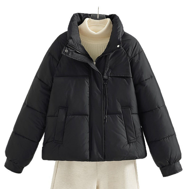 Women's non-short padded boxy jacket with high stand-up collar, drawstring chest closure, and slanted flap pockets Mune Fashion
