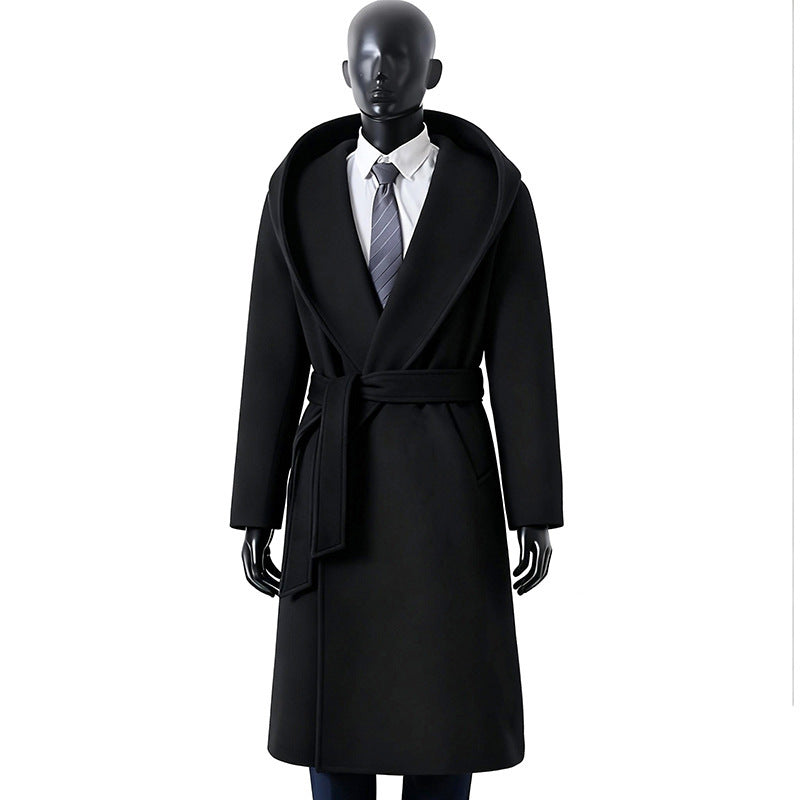 Men's robe coat made of wool blend with wide shawl collar and tie belt Mune Fashion