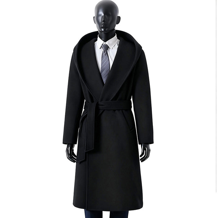Men's robe coat made of wool blend with wide shawl collar and tie belt Mune Fashion