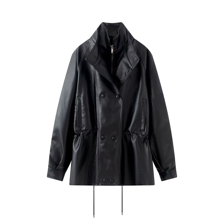 Women Double-breasted Faux Leather Jacket with Stand-up Collar, Wide Lapel and Drawstring Mune Fashion