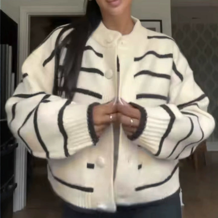 Women Oversize Cropped Cardigan in Blouson Style with Contrast Stripes and Large Buttons Mune Fashion