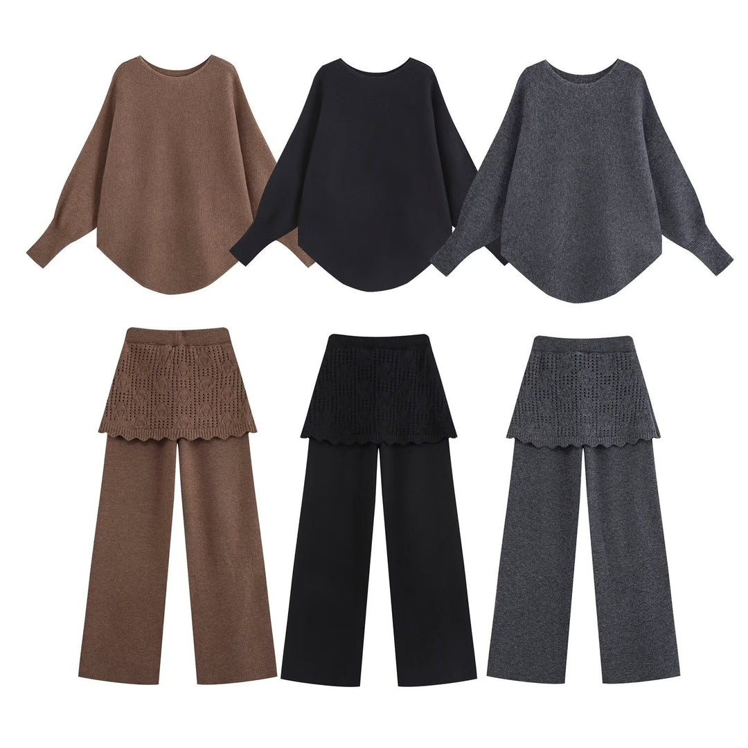 Ladies Two-Piece Knit Set with Oversized Sweater, Lace Pattern Mini Skirt and Wide Palazzo Pants Mune Fashion