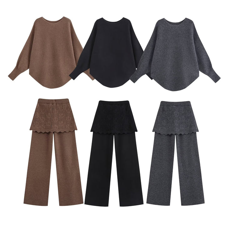 Ladies Two-Piece Knit Set with Oversized Sweater, Lace Pattern Mini Skirt and Wide Palazzo Pants Mune Fashion