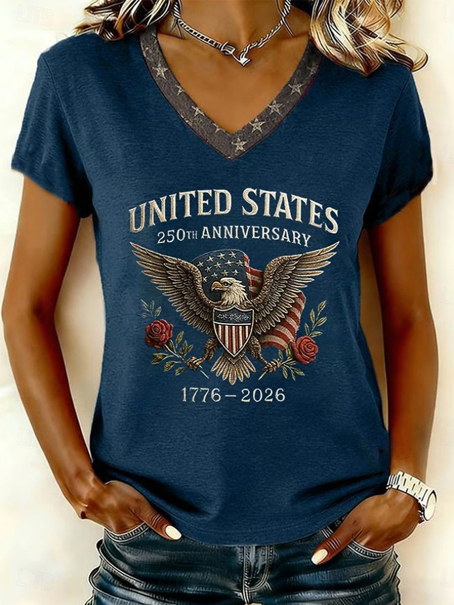 Women’s V-neck Retro Print T-shirt with Eagle Emblem and vintage-inspired Graphic Mune Fashion