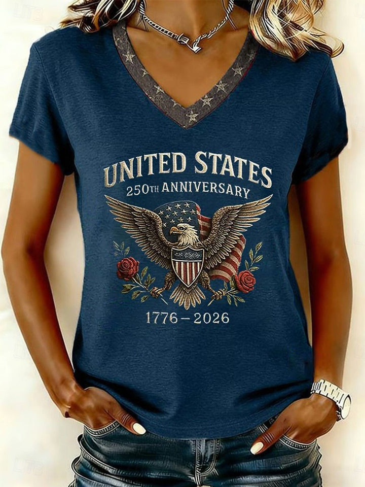 Women’s V-neck Retro Print T-shirt with Eagle Emblem and vintage-inspired Graphic Mune Fashion