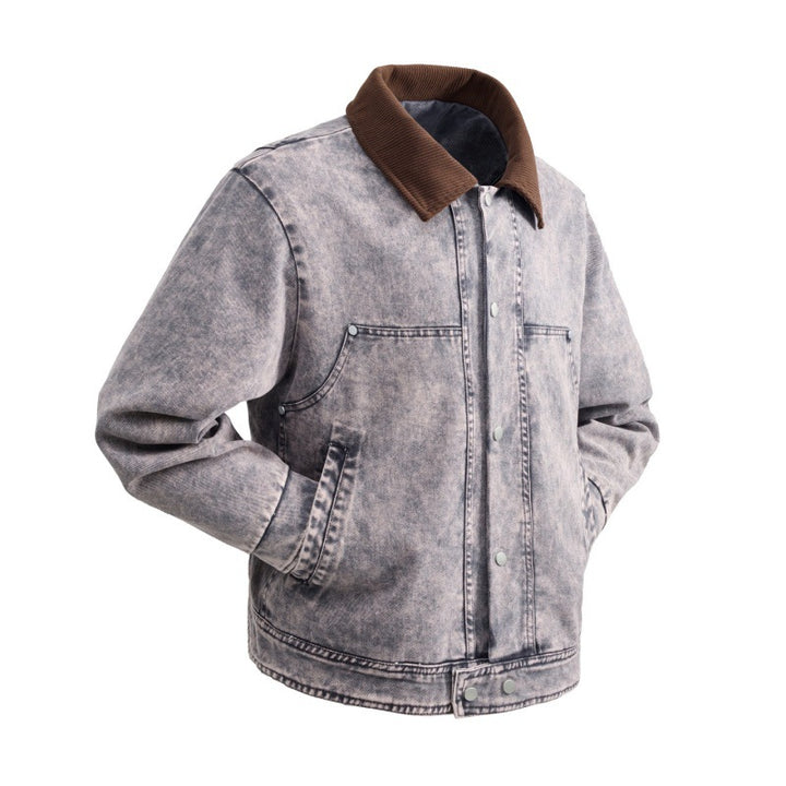 Men's padded denim jacket with cord collar, snap button placket, and practical side pockets Mune Fashion
