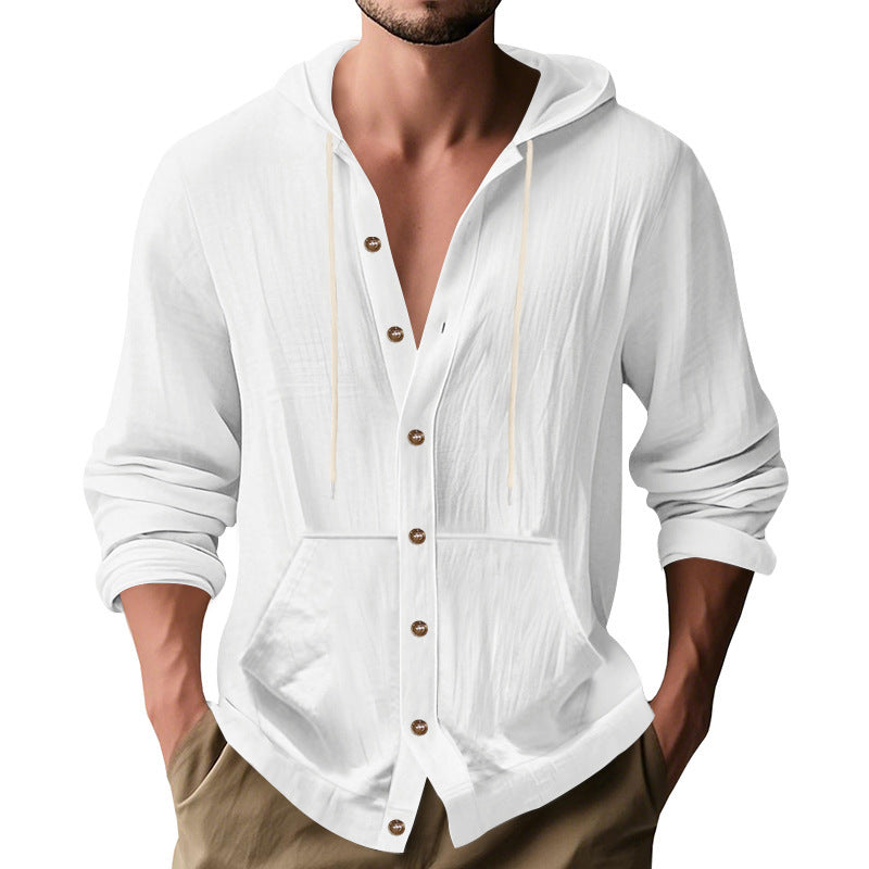 Men's button-closed hooded shirt jacket made of lightweight cotton blend with kangaroo pocket Mune Fashion