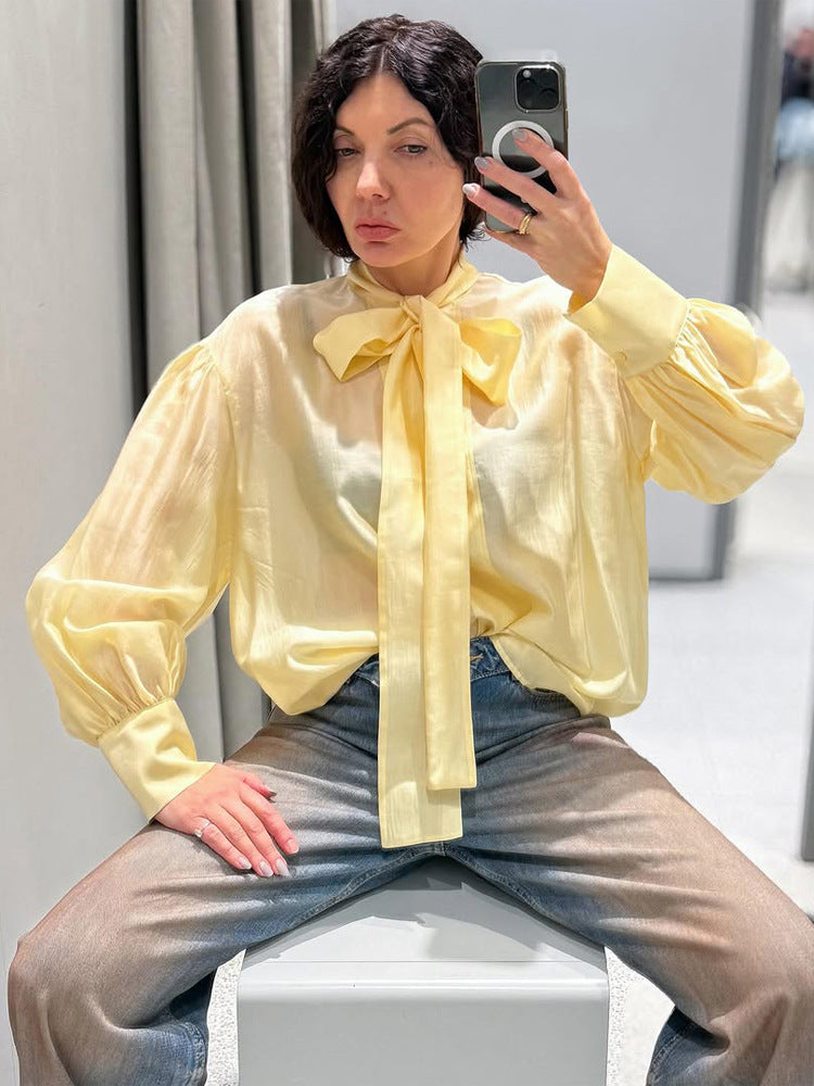 Women's Satin Bow Blouse with Balloon Sleeves & Wide Cuffs Mune Fashion