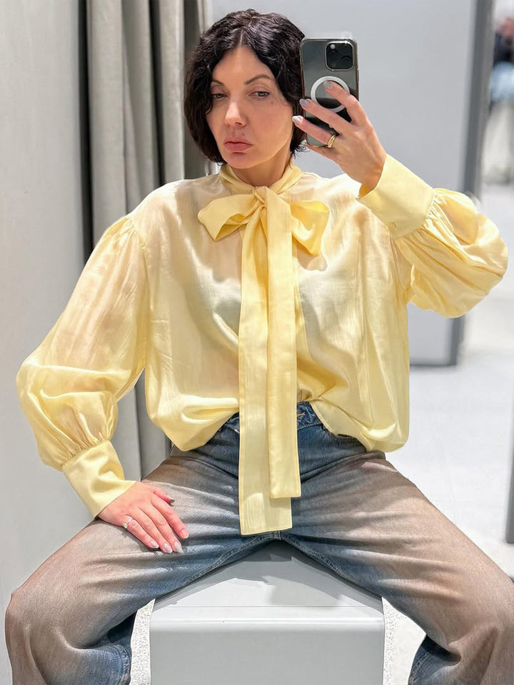 Women's Satin Bow Blouse with Balloon Sleeves & Wide Cuffs Mune Fashion
