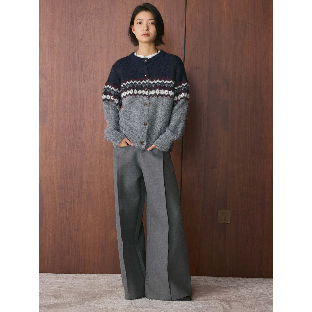 Women's Norwegian Pattern Mohair Look Cardigan with Button Placket and Round Neckline Mune Fashion