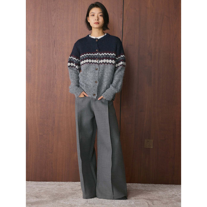 Women's Norwegian Pattern Mohair Look Cardigan with Button Placket and Round Neckline Mune Fashion