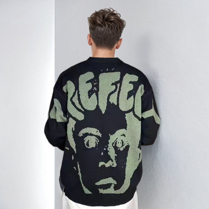 Men's oversized knitted sweater with large jacquard face design and ribbed hem Mune Fashion
