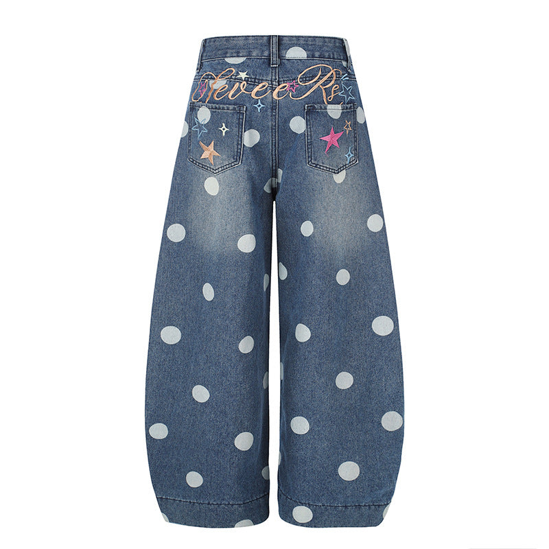 Women's Wide Jeans Culottes in Palazzo Style with High Waist and Polka Dot Pattern Mune Fashion