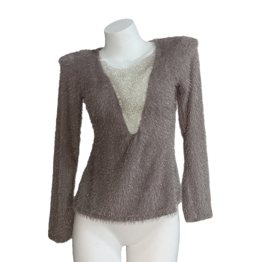 Women Fluffy Long Sleeve Shirt with Deep V-Neck and Glitter Insert Mune Fashion