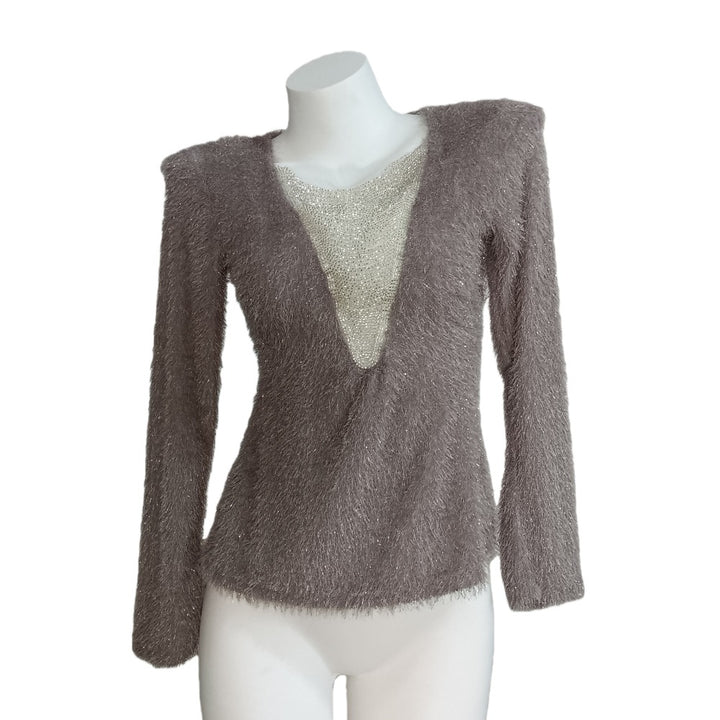 Women Fluffy Long Sleeve Shirt with Deep V-Neck and Glitter Insert Mune Fashion
