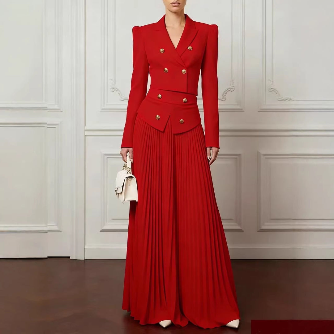 Women Two-Piece Fitted Suit with Double-Breasted Blazer and Pleated Maxi Skirt Mune Fashion