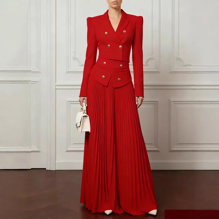 Women Two-Piece Fitted Suit with Double-Breasted Blazer and Pleated Maxi Skirt Mune Fashion