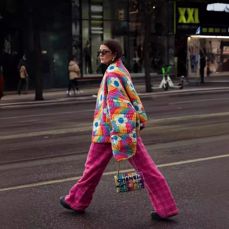 Women Short Oversized Padded Jacket with Colorful Rainbow Stripes and Flower Application Mune Fashion