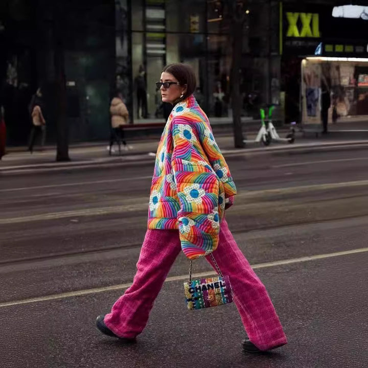 Women Short Oversized Padded Jacket with Colorful Rainbow Stripes and Flower Application Mune Fashion