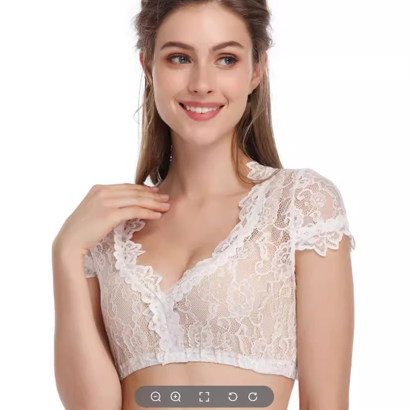 Women short transparent lace blouse with V-neck and delicate sleeve finishes Mune Fashion