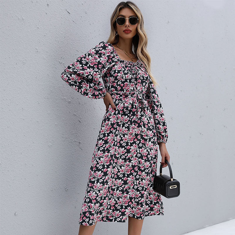 Women's midi dress with floral tiered skirt, gathered neckline & waist drawstring Mune Fashion