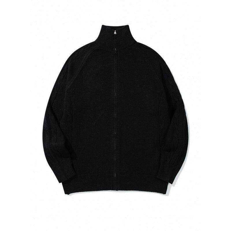 Unisex Boxy Zip Cardigan with Stand-up Collar, Cable Knit Sleeves and Ribbed Hems Mune Fashion