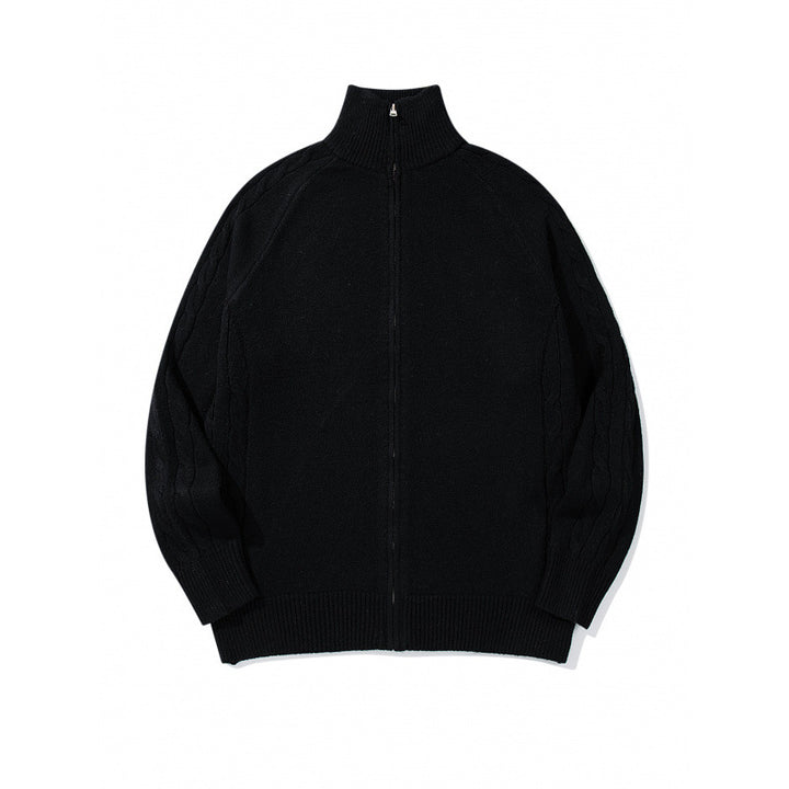 Unisex Boxy Zip Cardigan with Stand-up Collar, Cable Knit Sleeves and Ribbed Hems Mune Fashion