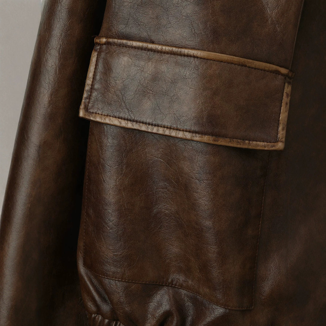 Men's Vintage Leather Bomber Jacket with Stand Collar, Flap Pockets and Elastic Waist Mune Fashion