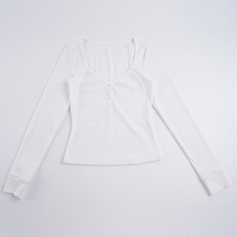 Women's form-fitting ribbed long sleeve Henley top with deep V-neck and button placket Mune Fashion