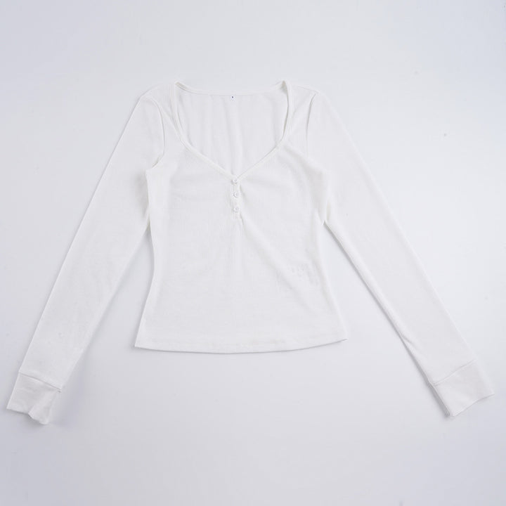 Women's form-fitting ribbed long sleeve Henley top with deep V-neck and button placket Mune Fashion