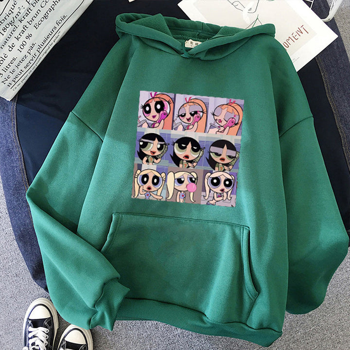 Women's casual hoodie with square cartoon collage print, soft fleece lining, and kangaroo pocket Mune Fashion