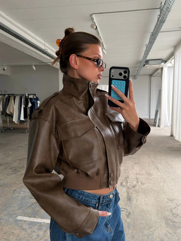 Women's Short Utility Bomber Jacket made of Vegan Leather with High Stand-Up Collar Mune Fashion