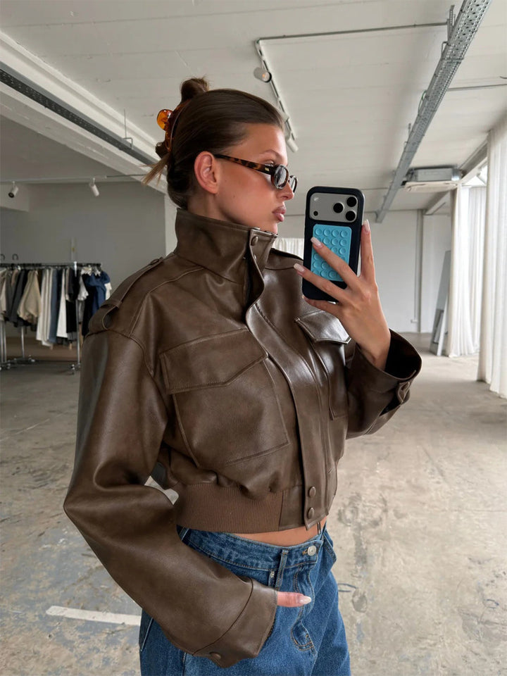 Women's Short Utility Bomber Jacket made of Vegan Leather with High Stand-Up Collar Mune Fashion