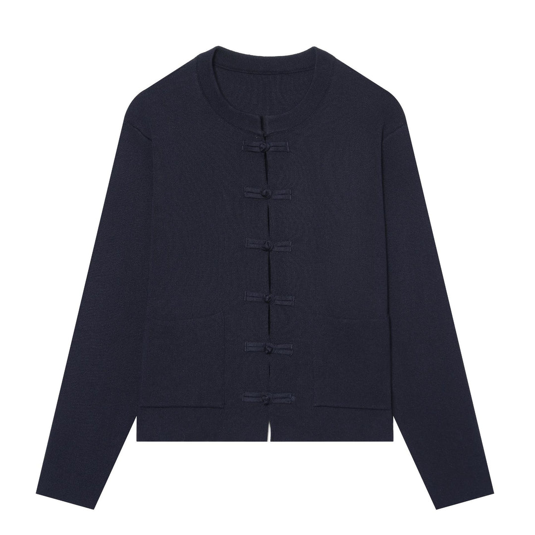 Women's Short Textured Knit Cardigan with Knot Frog Closures and Patch Pockets Mune Fashion