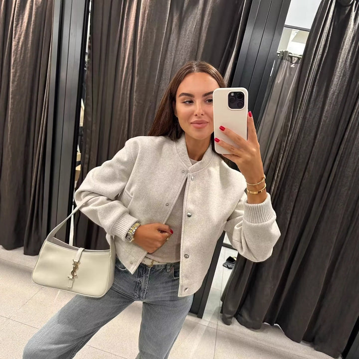 Women Short-Cut Wool Blend Bomber Jacket with Snap Buttons and Ribbed Cuffs Mune Fashion