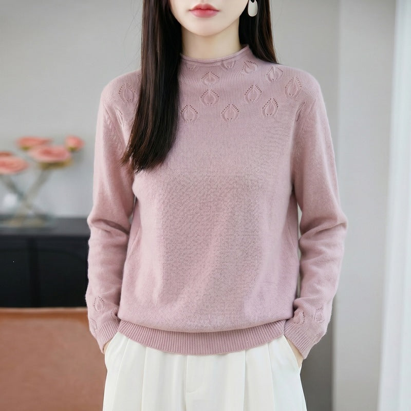 Women's short roll-neck pullover made of fine knit with ajour yoke and ribbed hem Mune Fashion