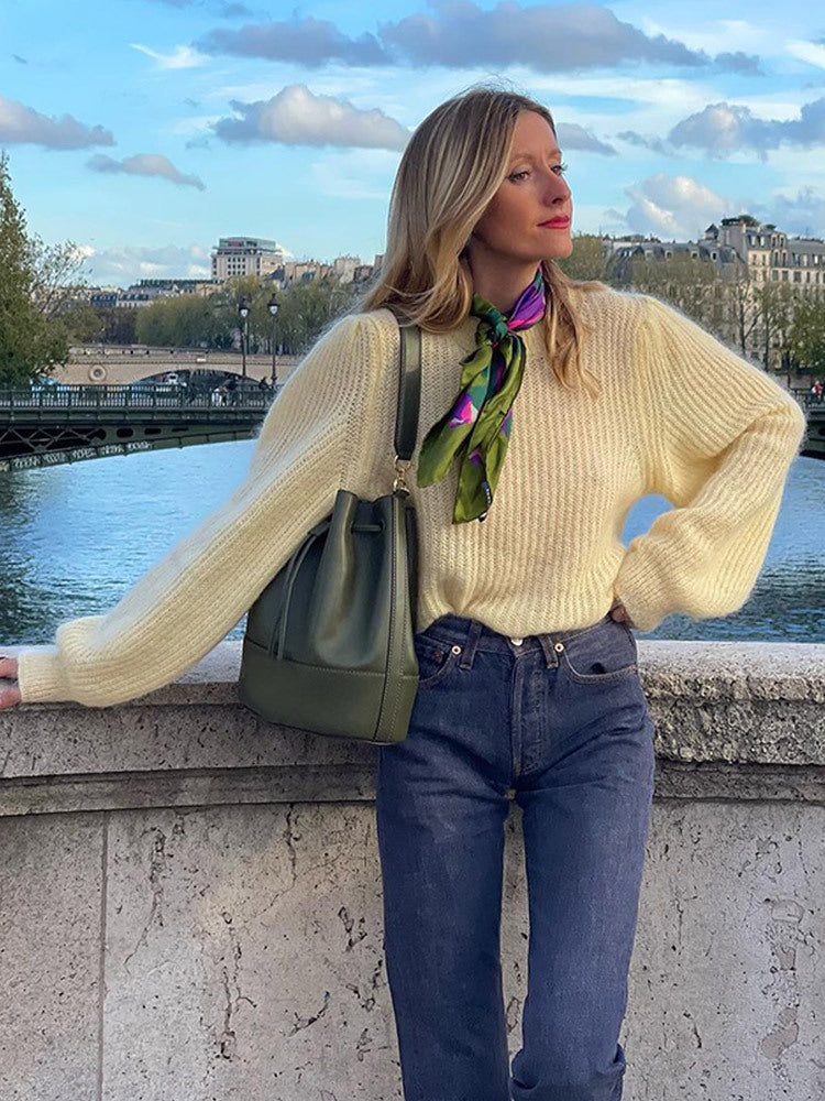 Women's Oversize Mohair Blend Sweater with Balloon Sleeves and Fine Rib Structure Mune Fashion