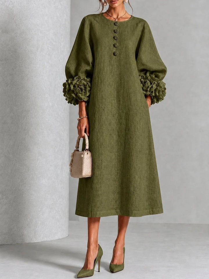 Women's midi dress made of linen with balloon sleeves and 3D flower cuffs Mune Fashion